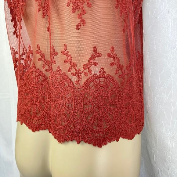 Rust Sheer Mesh Knit Lace T Shirt Scalloped Hem Forever 21 Size Small - Picture 9 of 16